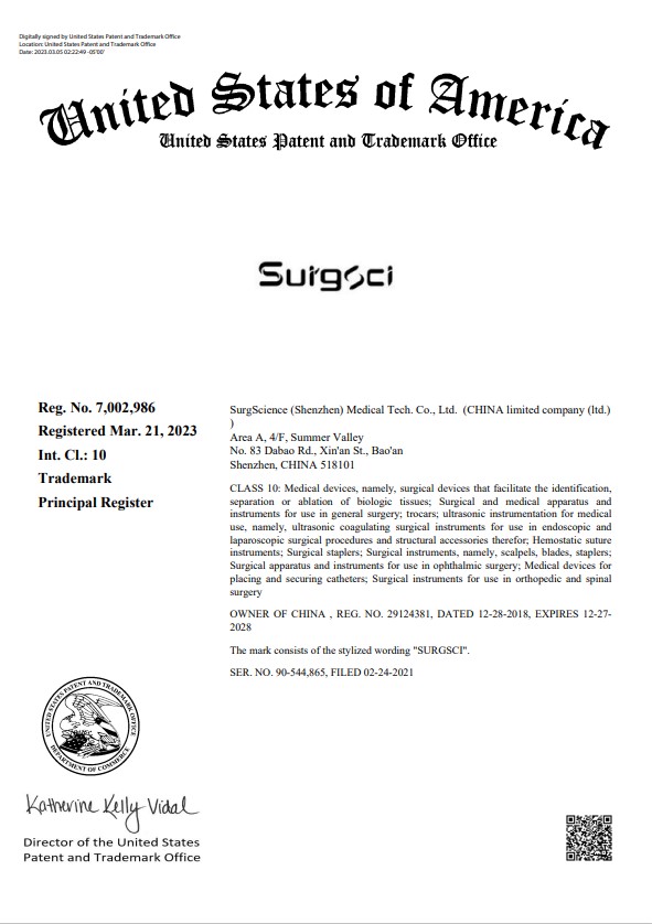 latest company news about Congratulations to SurgSci for Obtaining the US Trademark Registration Certificate | Surgsci  0